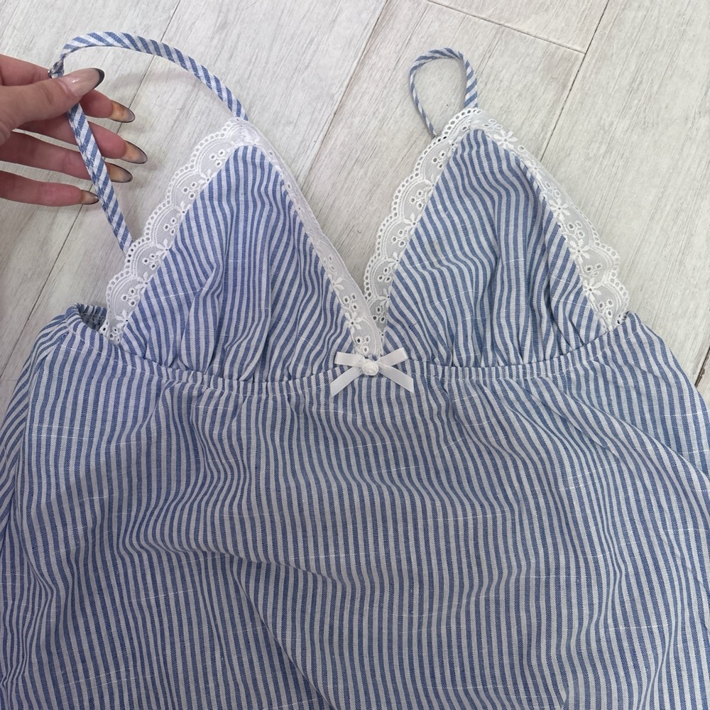 SHEIN Blue and White Striped Lace Chemise
